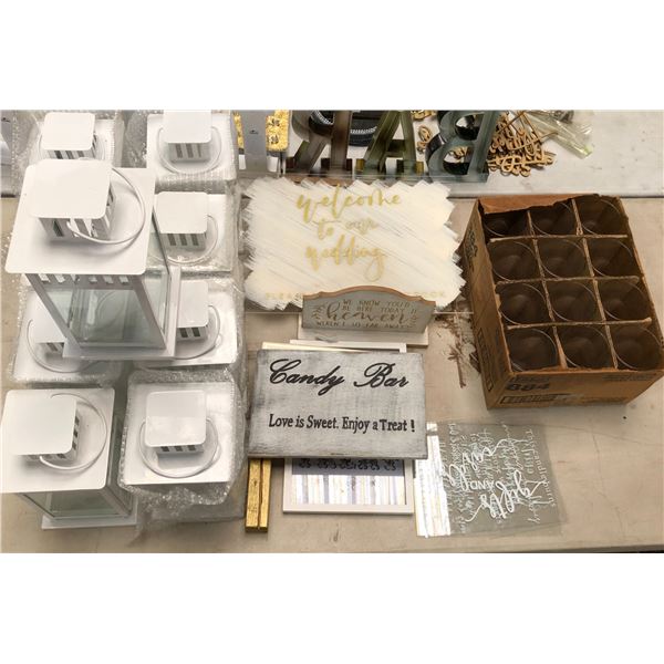Group of assorted wedding/decor items including - wedding signs, glass vases, white lantern candle h