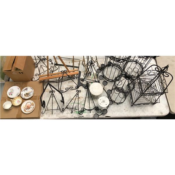 Group of assorted wedding/decor items including - tiered bird cage candle stick holders, easels, tea