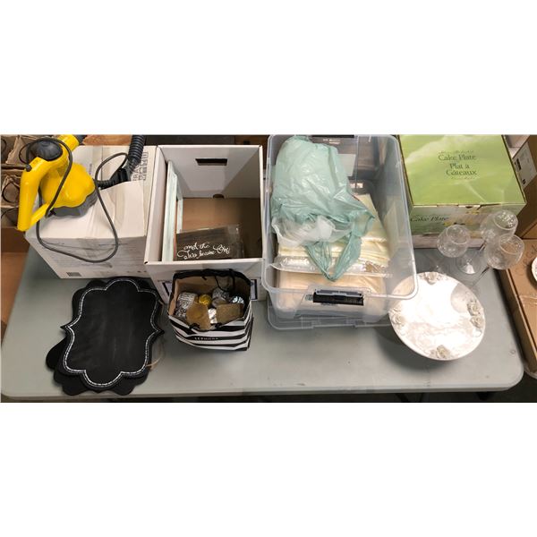 Group of assorted wedding/decor items including - cake plates, glasses, table runners, candle holder