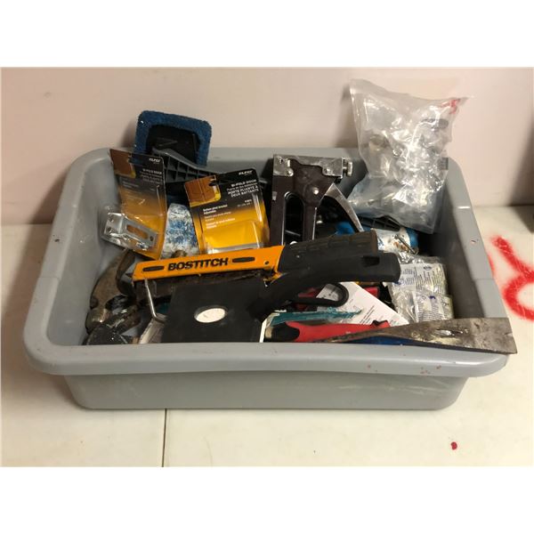 Group of misc tools including hammers, staple gun, small rake, etc...