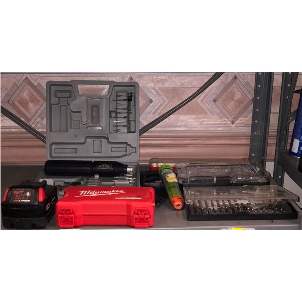Group of misc tools including - Ratcheting driver & bit set, Milwaukee drill set, root Matic, etc...