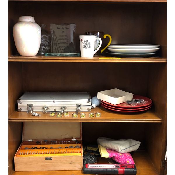 Group of misc items including - Rotary tool accessories wood chest, poker set, plates, cups, etc...