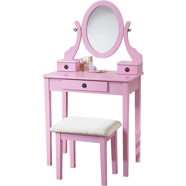 Roundhill Furniture - Makeup Vanity Table and Stool Set - Pink