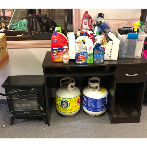 Large group of assorted misc. items including - decor flame electric fireplace, misc cleaning suppli