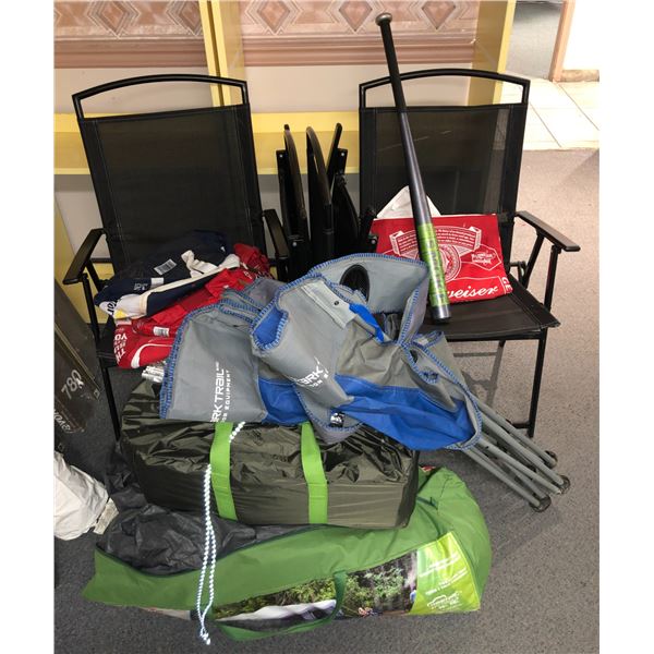 Large group of misc items including, camping chairs, Woods lookout person tent, Budweiser bag etc...