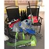 Image 1 : Large group of misc items including, camping chairs, Woods lookout person tent, Budweiser bag etc...