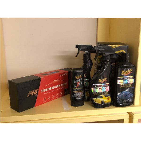 Lot of misc car items including - Ultimate wax, Ultimate polish, 7 in. rear view mirror monitor, scr