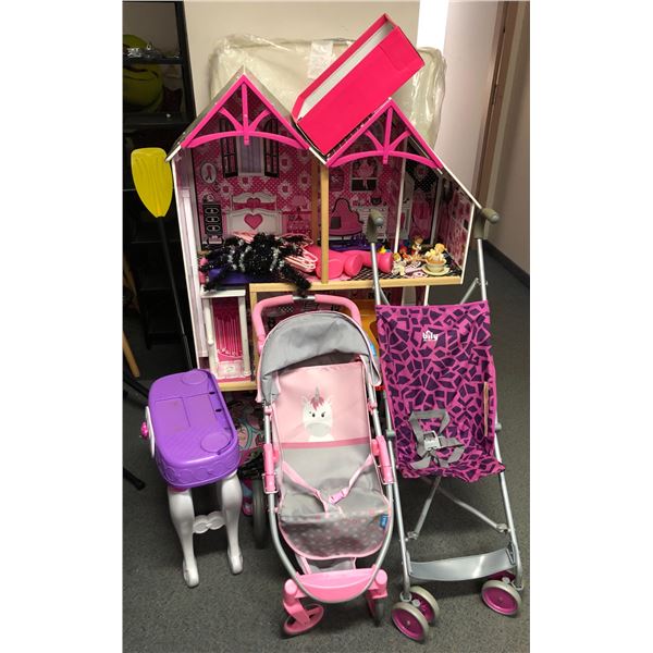 Lot of misc items - doll house, baby strollers, toys, etc...