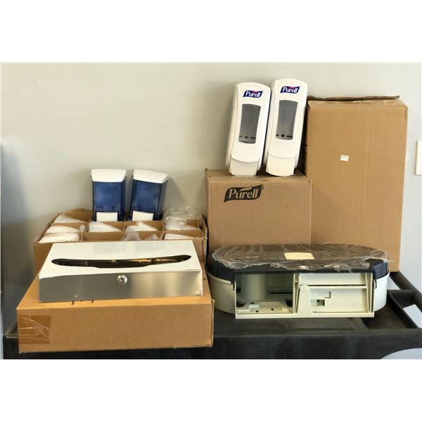 Group of misc items including - toilet seat cover dispenser, blk/white  double jumbo TT dispenser,