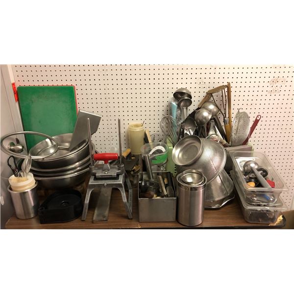 Large group of misc kitchen items including - pizza cutter, stainless steel bowls, ice cream scooper