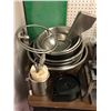 Image 4 : Large group of misc kitchen items including - pizza cutter, stainless steel bowls, ice cream scooper