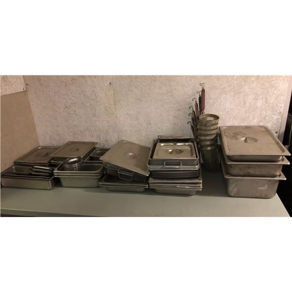 Group of stainless steel steam table pans w/lids, colanders