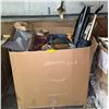 Image 1 : Pallet lot of misc items including - iron board, broom, tarp, iron board, hockey stick, under carpet