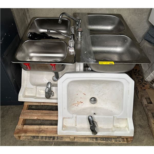 Pallet lot of misc items including - approx 5 commercial grade sinks (4 single & 2 double sinks)