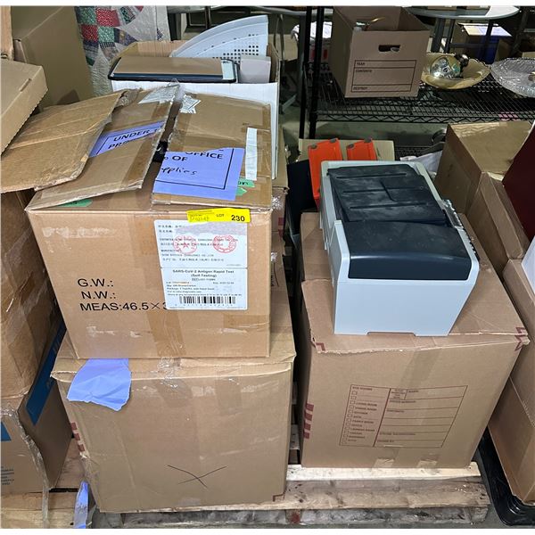 Pallet lot of misc items including - office supplies, printer, art binders, binders, etc...