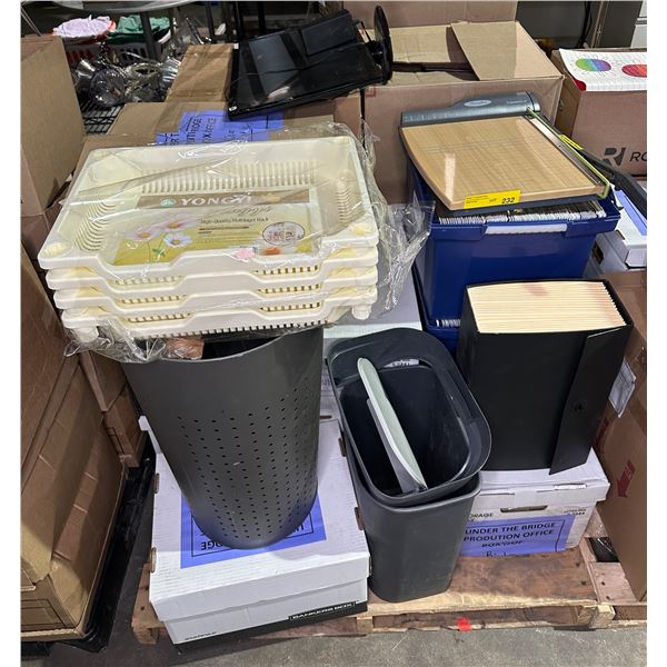 Pallet lot of misc items including - office supplies, paper cutter, bins, monitor, stand up rack, et