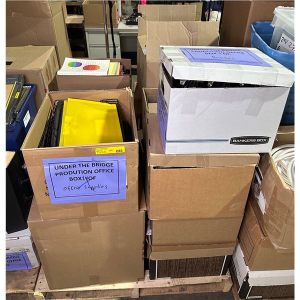 Pallet lot of misc items including - office supplies, binders, keyboard, file folders, etc...