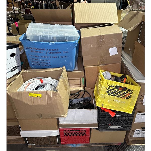Pallet lot of misc items including - misc. electronics, fake flowers/baskets, outlets, work lights, 