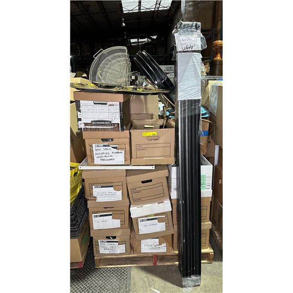 Pallet lot of misc items including - plumbing + electrical hardware, door hardware, steel shelf brac