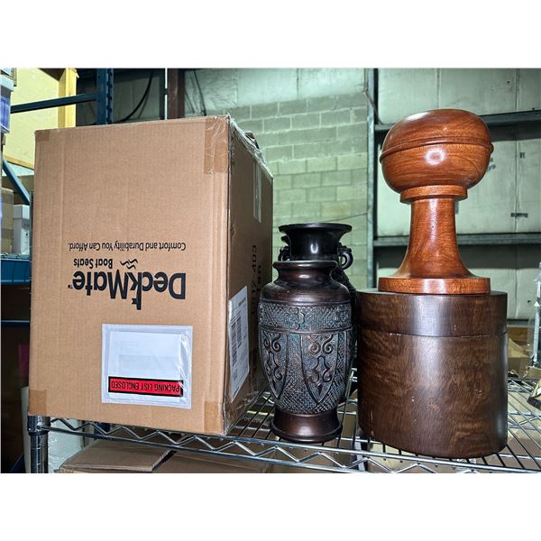 Group of 3 decorate vases, wood storage box, decor piece