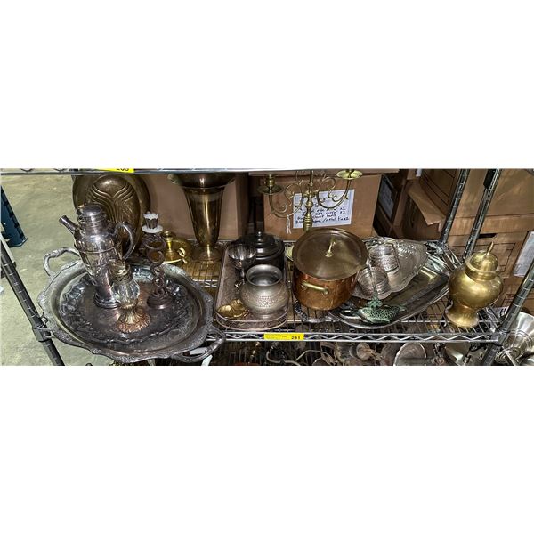 Shelf lot of assorted silverware, brassware, candle holder, etc...