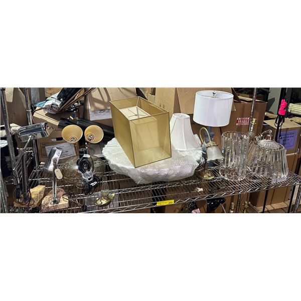 Large shelf lot of assorted, lamps, lights, glass light, etc...