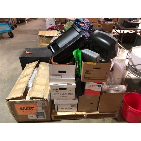Pallet lot of misc items including - chandelier, clothing, dry cleaning bags, banner, decor, tape, s