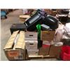 Image 1 : Pallet lot of misc items including - chandelier, clothing, dry cleaning bags, banner, decor, tape, s