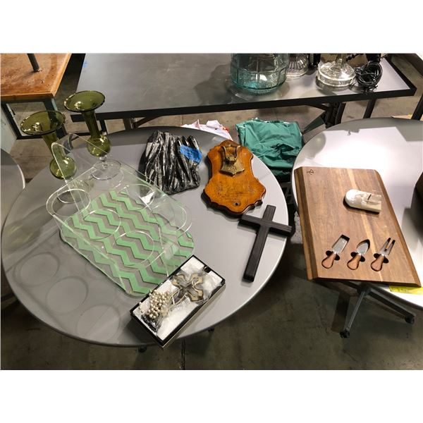 Group of misc. decor items including - crosses, coat hanger, charcuterie board with built-in utensil