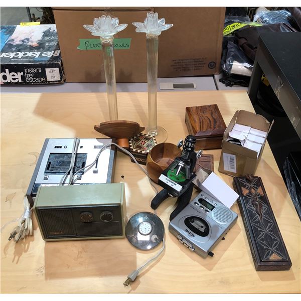 Group of misc. items including - decor, Audition radio, noise limiter, illuminator microscope, perfu