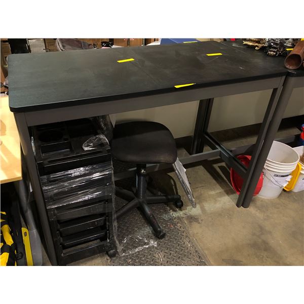 Table (55in L 27.5 D 41in. H) + chair & black rolling drawer caddy