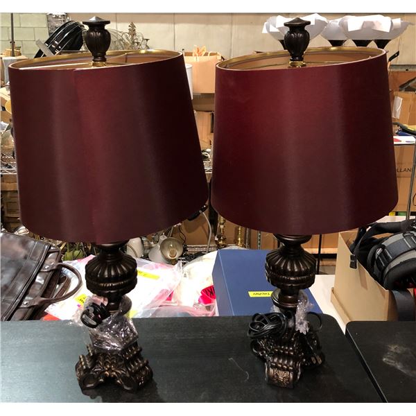 Group of 2 black lamps w/maroon lamp shades
