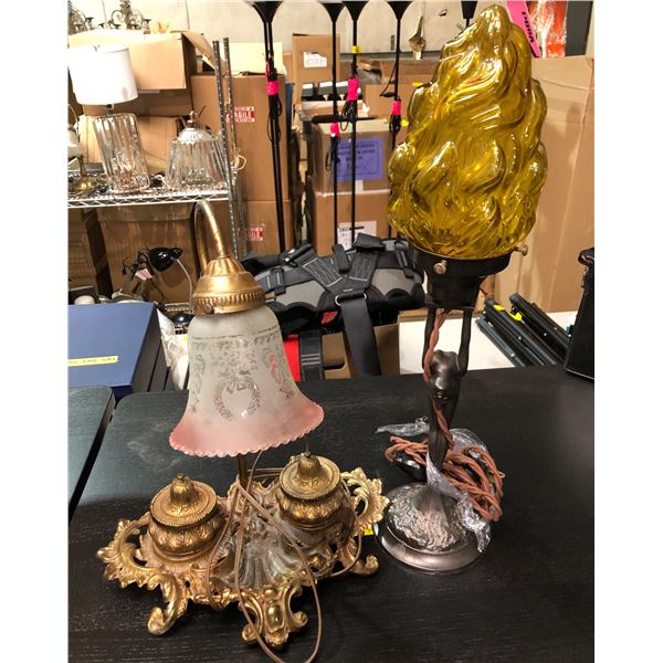 Art Deco Diana Lady Lamp in Brass &  Antique Victorian Gooseneck Desk Lamp with Brass Inkwells