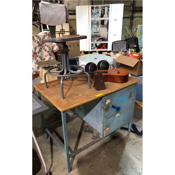Group of misc items including - guitar, speakers, worktop table 48in L x 30in D 35.5in H), etc...