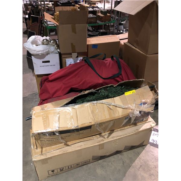 Large group of Christmas decor including - Christmas trees, tree wrapping decor, ornaments, lights, 