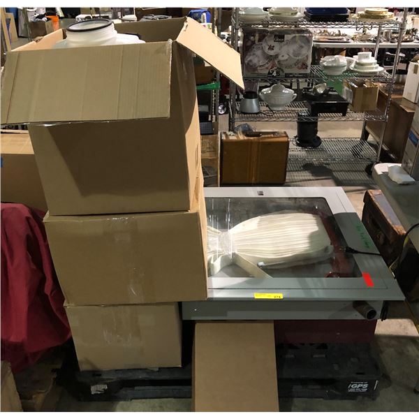 Group of misc items including - sprayer backpack, box of exit signs, fire equipment, smoke alarms, F