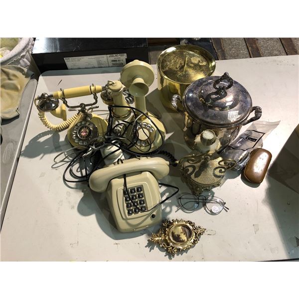 Group of vintage telephones, silverware, pots, glasses, etc...