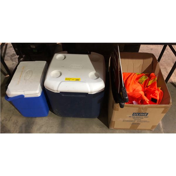 Group of Coleman coolers, safety vests, stop/slow signs, etc...