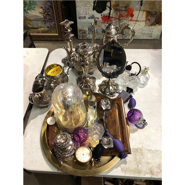 Group of misc silverware, perfume bottles, candle stick holders, perfume bottles, tray, etc...