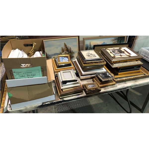 Large group of misc pictures, frames, exit door hardware, door knobs, framed pictures, etc...