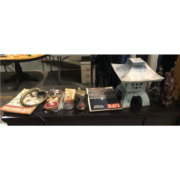 Group of misc items including - vintage Coke bottle opener, Asian style decor, vintage Life magazine