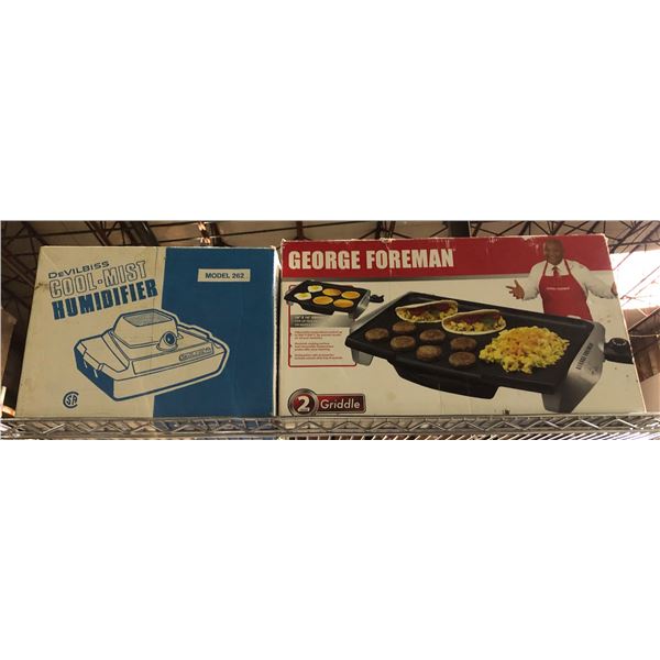 Group of Cool-mist humidifier & George foreman 16in x 10in Griddle cooker