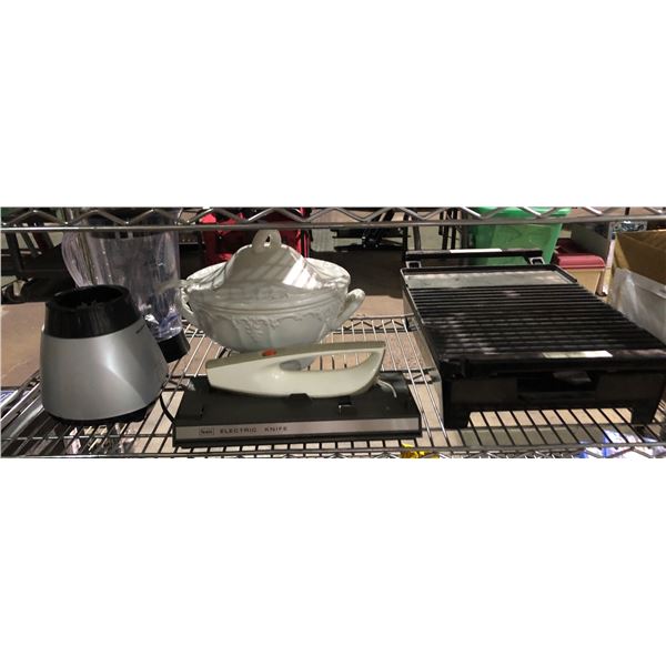 Shelf lot of electric knife, pasta machine, blender, serving plate, serving tray, etc...