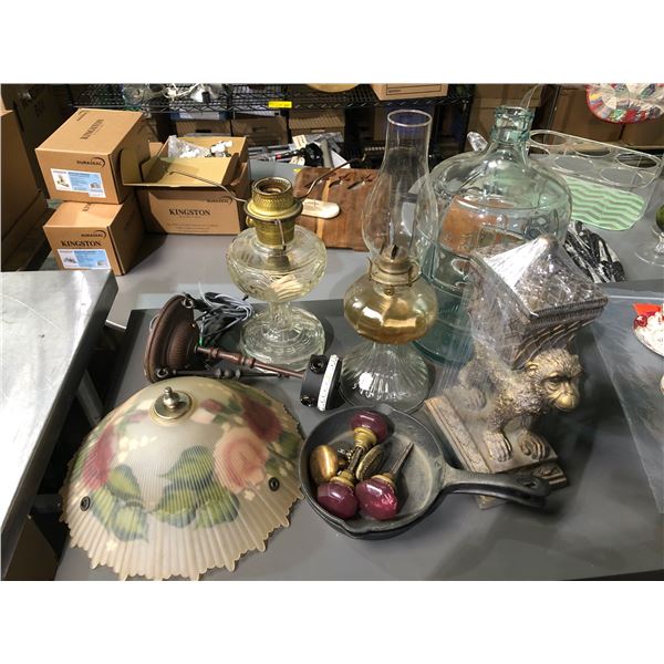 Group of assorted items - includes iron cooking pan, glass lantern, glass lamp shade etc.