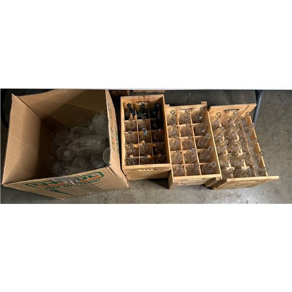 Large group of assorted glass bottles w/ wooden crates & glass candle holders