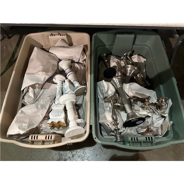2 totes full of wedding decorative wooden & metal candle holders/ stands