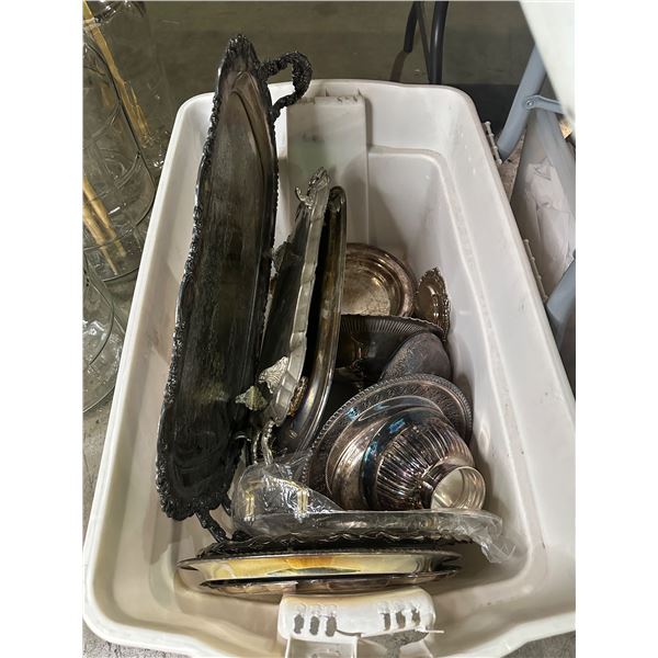 Tote full of assorted silverware w/ trays/ bowls etc.
