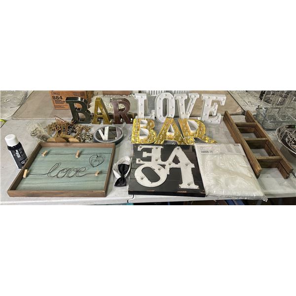 Group of assorted decor items including - various wedding signs; Bar, love, etc...