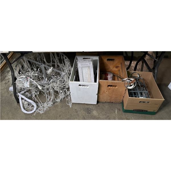 Group of assorted decor items including - chandeliers, candle stick holders, wood crates, etc...