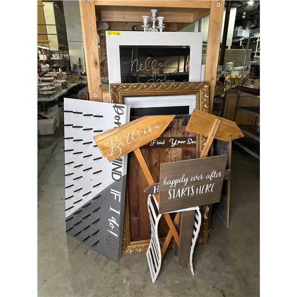 Group of assorted wedding signs, mirrors, frames, bathroom signs, donut signs, chalk board, etc...